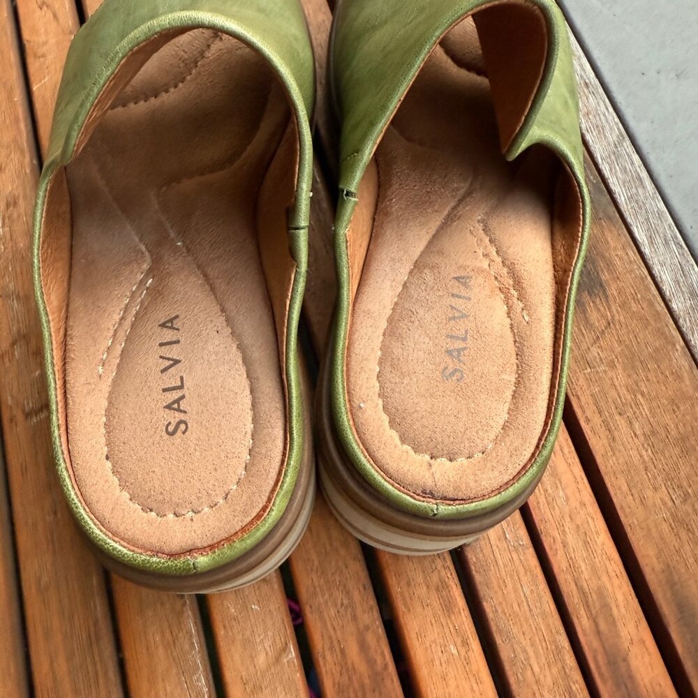 Salvia Olive Green Leather Slide Sandals With Chunky Heel Size 38/7.5 - Picture 7 of 8